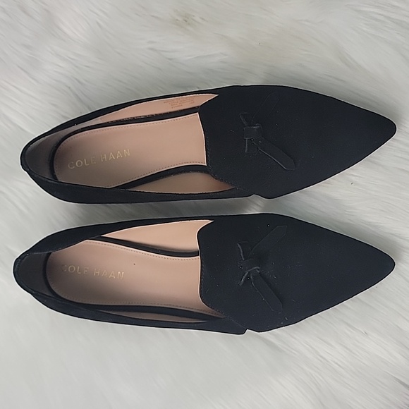 COLE HAAN Black Suede Pointed Toe Cut Out Bow Tie Accent Office Dress Flat Shoes - Picture 5 of 14